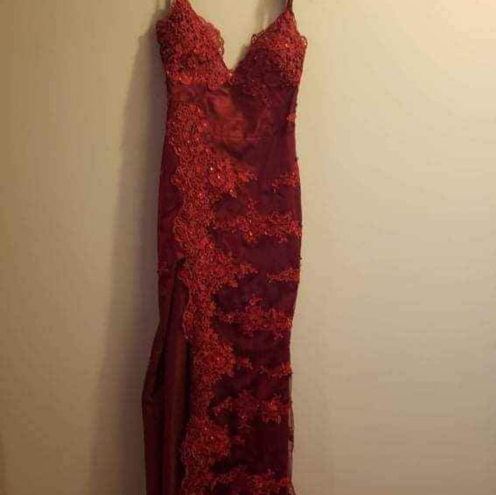 Long red lace gown